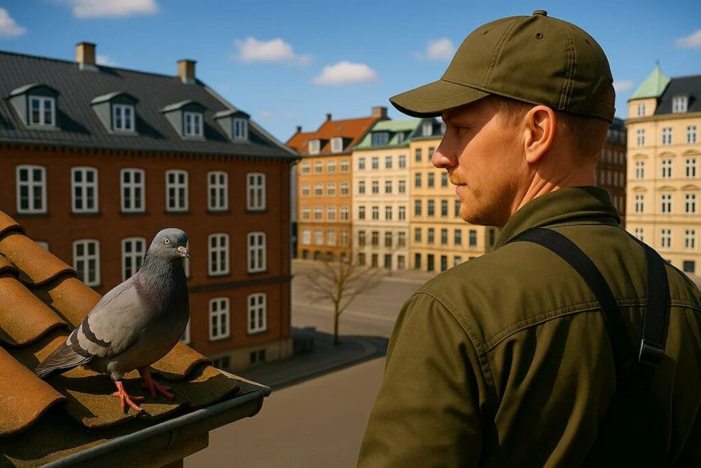 Skadyrsbekæmper som kigger på en due