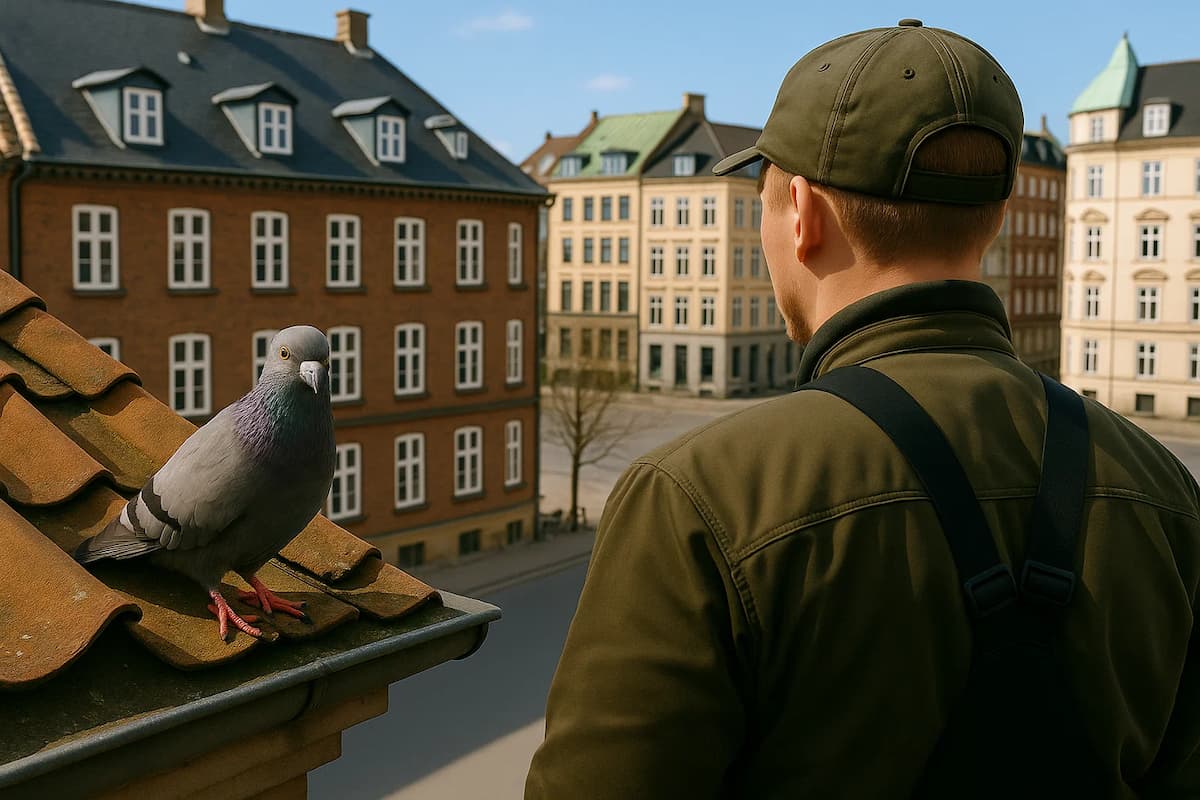 Skadedyrsbekæmper, som kigger på en due. Han står med ryggen til